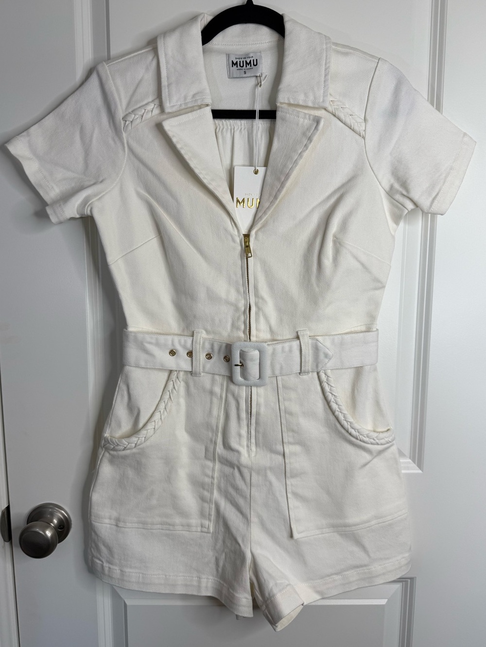 Show Me Your MuMu Outlaw Denim Romper Pearly White Small Revolve NWT - Picture 2 of 15